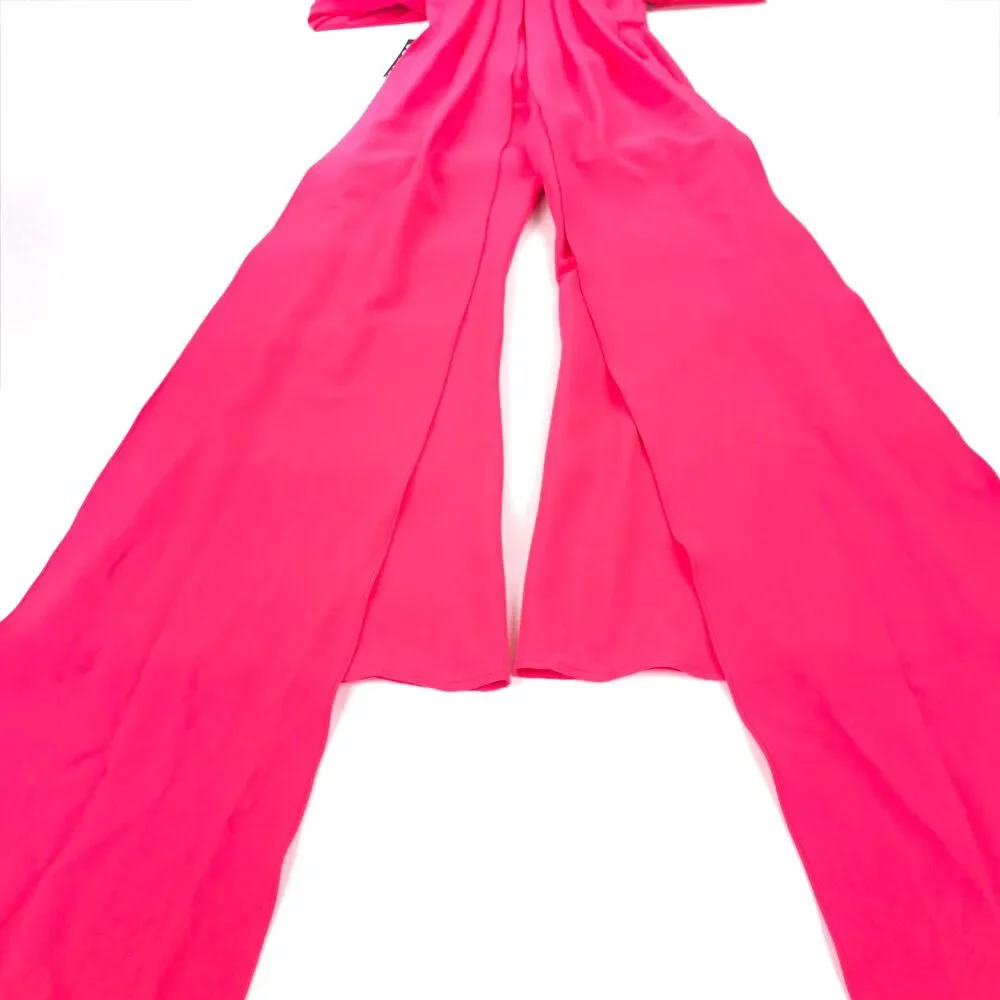 NWT Jovani 08209 Off-shoulder Straight Neck Draped Flare Jumpsuit Lipstick Pink - Picture 8 of 11